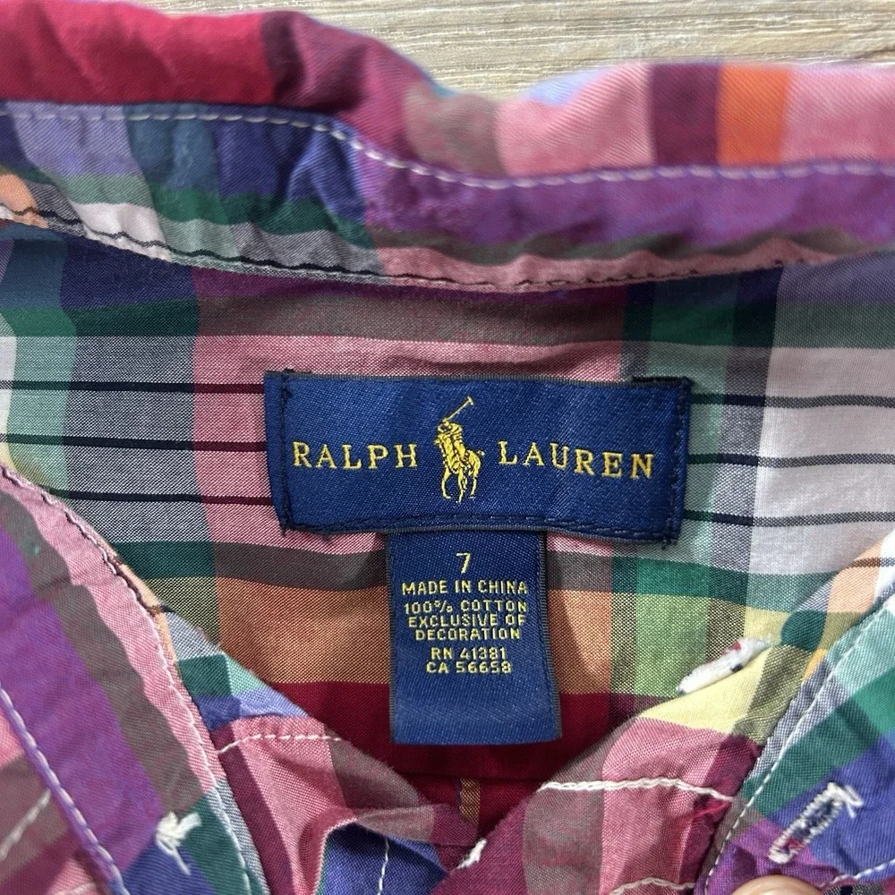 Ralph Lauren Polo Boys 7 Madras Plaid Short Sleeve Button Shirt Natural Stretch